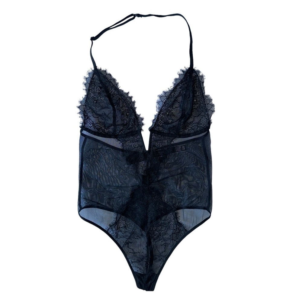 VICTORIA'S SECRET SEXY BLACK LACE MESH SLIP-ON BODYSUIT  ONE-PIECE LINGERIE S